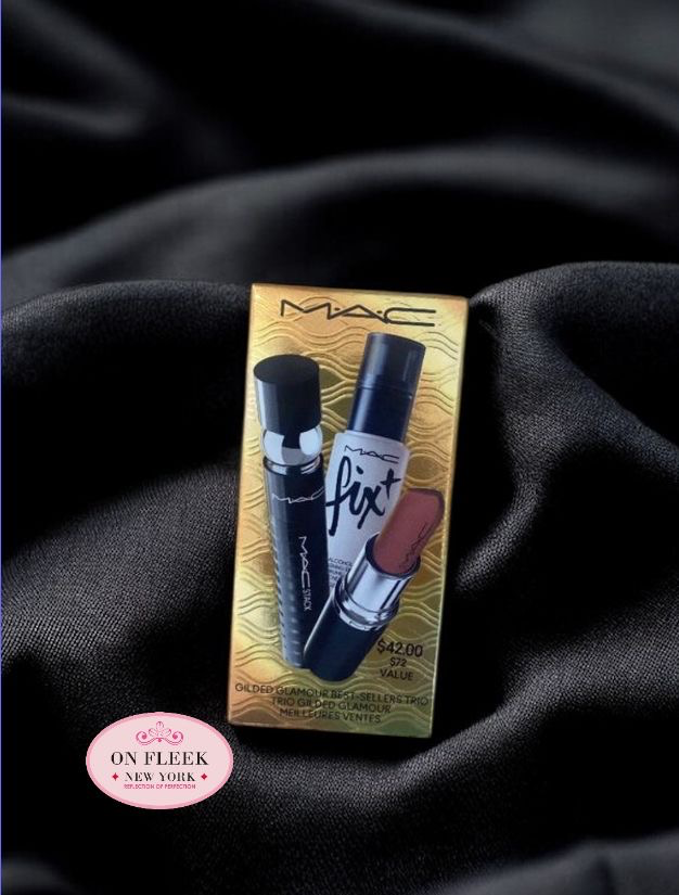 MAC Glided Glamour Trio Stack Mascara, Fix Plus, Warm Teddy Lipstick