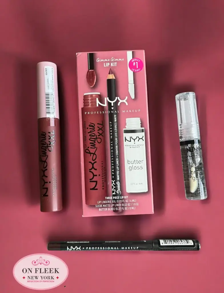 NYX Gimme Gimme lip kit ( Lip lingerie XXL low cut, Suede matte lip liner Club Hopper , Butter Lip Gloss Sugar glass)