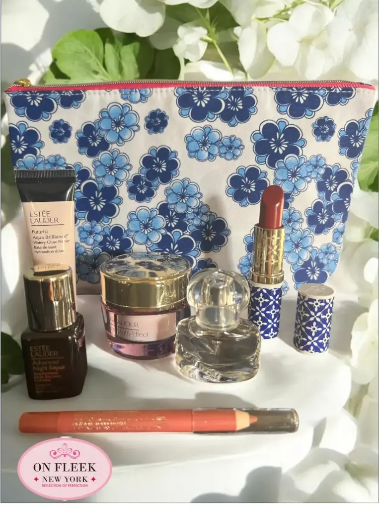 Estee Lauder Into the blue bag set (resilience multi effect face & neck cream,Advanced night repair serum, lip liner 015 blush,futurist aqua brilliance primer, beautiful magnolia perfume, lipstick rose ,