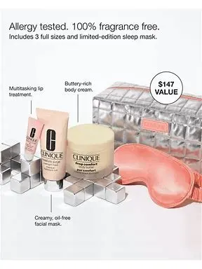 Clinique Bed Time Essentials ( Moisture surge over night mask 100 ml ,Moisture surge lip 10 ml , Deep comfort Body Butter 200 ml , clinique eye sleep mask, bag ) 