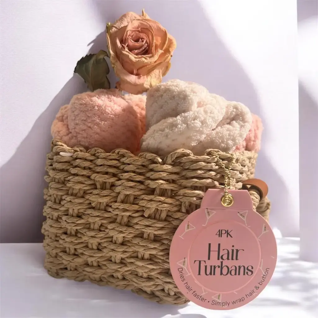 4 PK Hair Turbans in a basket 