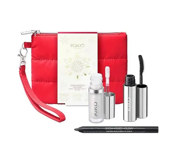KIKO MILANO Snow Kissed Holiday mini gift set( holo touch mii face luminizer -Lasting Black Mini eye pencil-Eye'm Gorgeous Mini Mascara ) 