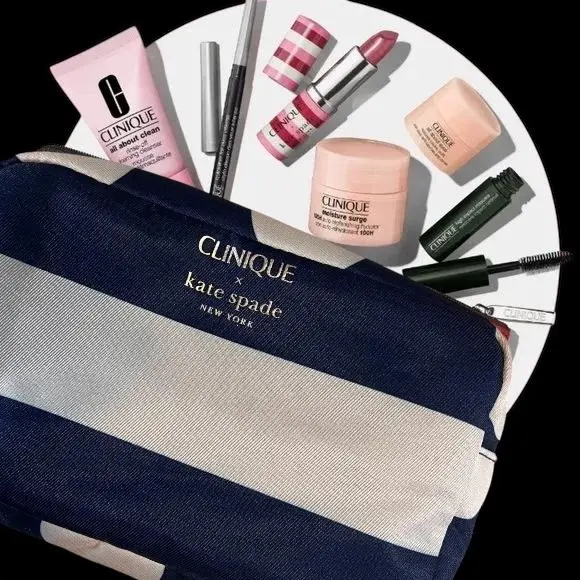 Clinique X Kate Spade New York bag set (Clinique All about clean , Moisture surge 100 H ,all about eyes ,high impact mascara ,quickliner foe eyes 01 intense black, lipstick love pop )