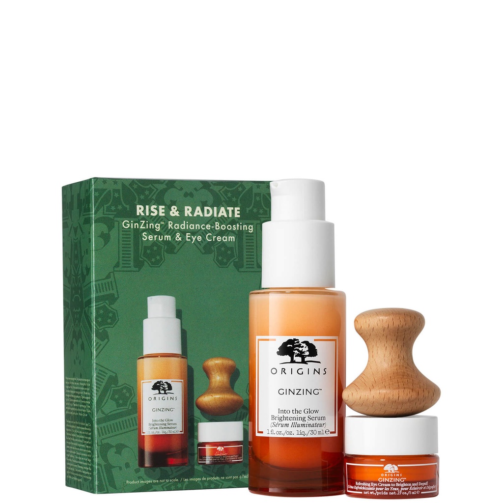 Origins Rise & Radiate Set: GinZing Into the Glow Brightening Serum + Refreshing Eye Cream + Massage Tool 