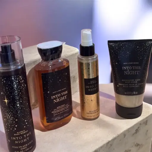 [667557269481] Bath & Body Works into the night exfoliating glow scrub body shimmer , mist ,shower gel 