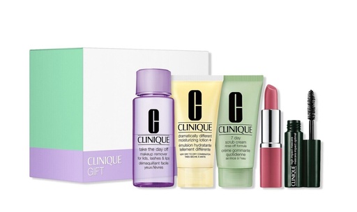 [192333173763] Clinique: Gift Set - Scrub, Lotion Lipstick, Mascara , Makeup Remover 